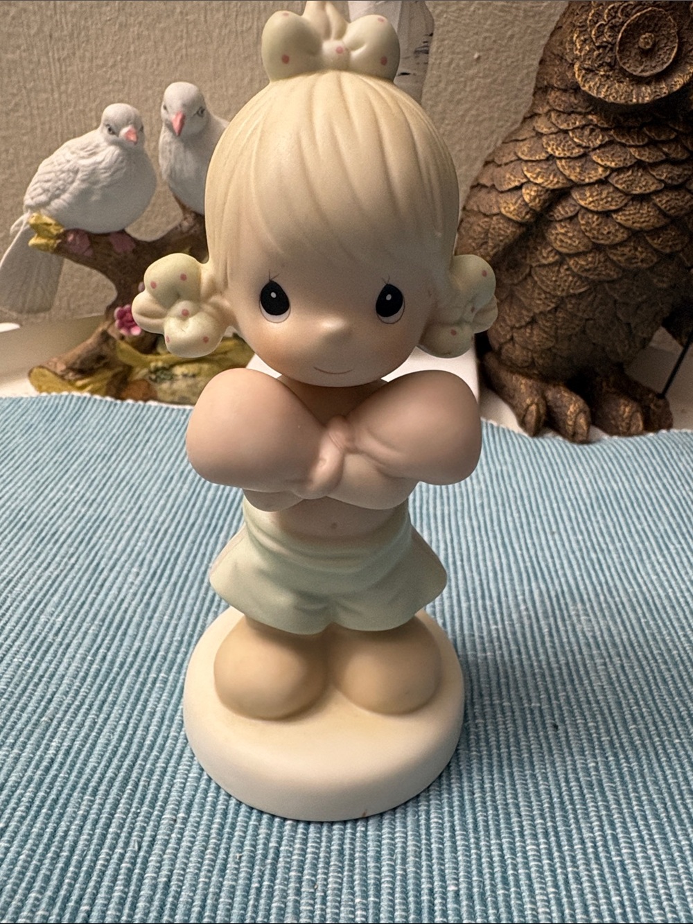 Precious Moments Pale Cream and Pink Girl Figurine with Bow